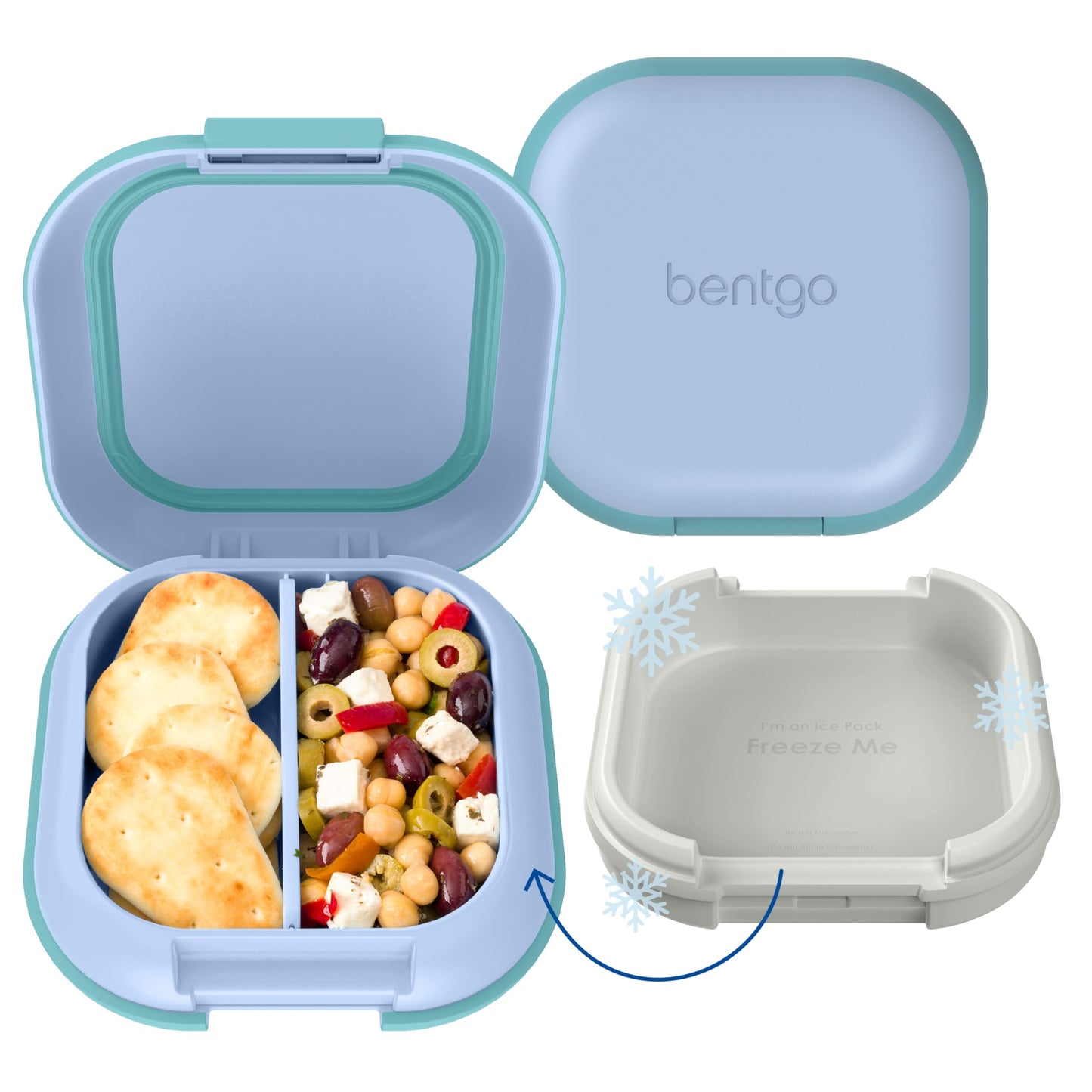 Bentgo Chill Mini Leak-Proof Lunch Box – Built-In Ice Pack Keeps Food Cold, 2.7-Cup Capacity for Snacks or a Sandwich, 3 or 4 Compartments, PFAS & BPA-Free, Ideal for Adults & Kids 3+ (Tide Blues)