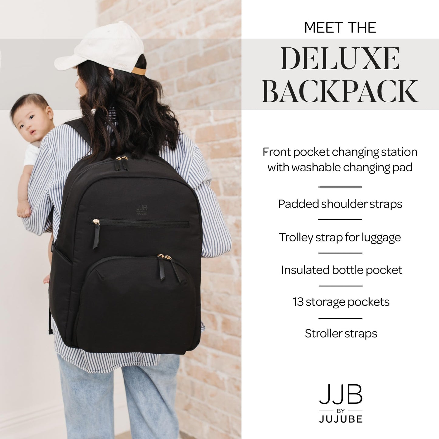 JJB by JuJuBe, New Deluxe Diaper Bag Backpack with Portable Changing Pad, Stroller Straps, Large Travel Backpack for Boy or Girl, Carrying Baby Bottles, Diapers, Pacifiers, Black, Mother's Day Gift