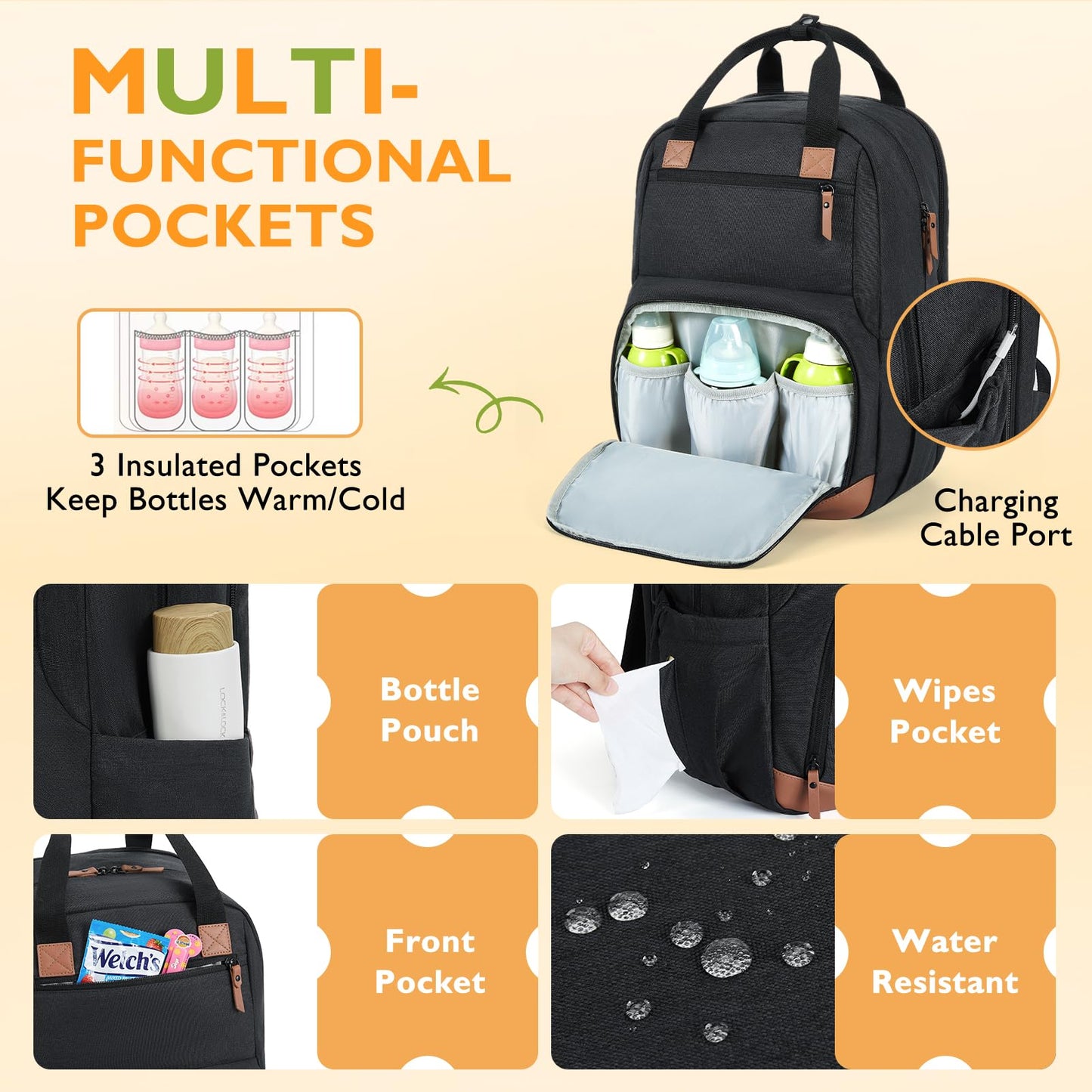 mommore Diaper Bag Backpack Large Travel Diaper Bags Unisex Baby Bag with Changing Pad, Stroller Straps