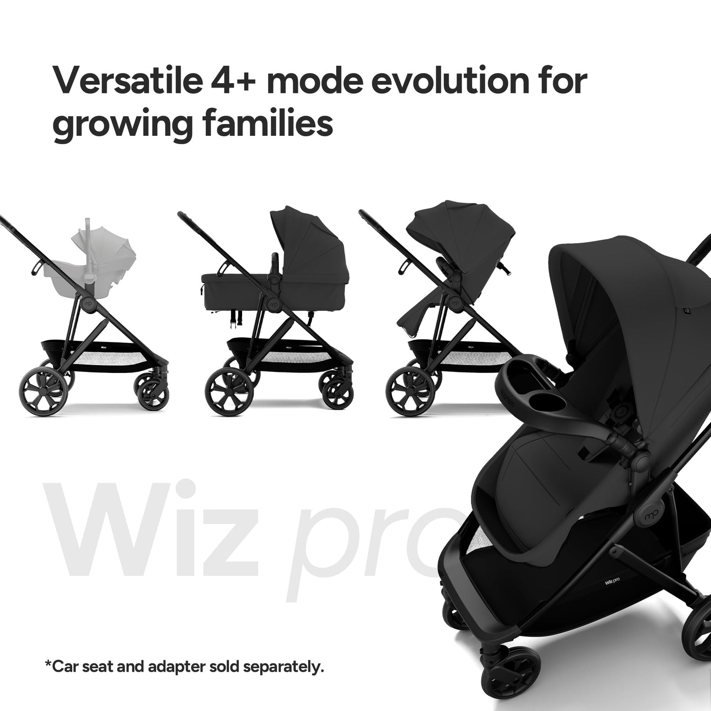 Mompush Wiz Pro 4-in-1 Baby Stroller with Newborn Mode, Full-Size All-Terrain Premium Stroller from Newborn to Toddler, Snack Tray Included for Easy Feeding & Outing, Lay-Flat in Seconds