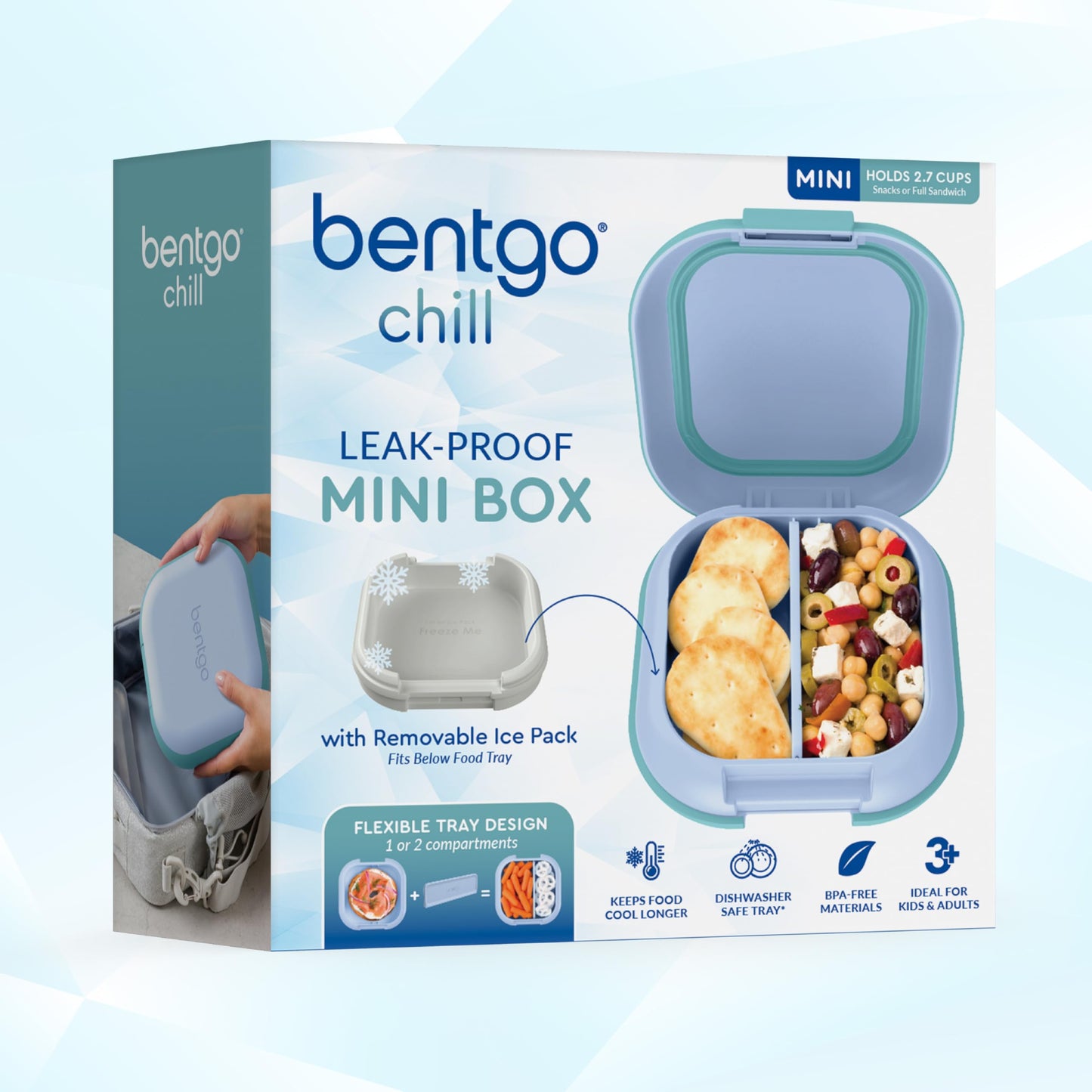 Bentgo Chill Mini Leak-Proof Lunch Box – Built-In Ice Pack Keeps Food Cold, 2.7-Cup Capacity for Snacks or a Sandwich, 3 or 4 Compartments, PFAS & BPA-Free, Ideal for Adults & Kids 3+ (Tide Blues)