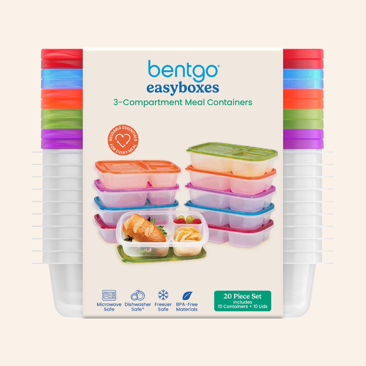 Bentgo Easyboxes - Original Stackable Lunch Boxes - Reusable 3-Compartment Food Containers for Kids and Adults - Bento Lunch Box for Meal Prep, School, & Work - BPA Free, Set of 10 (Classic)