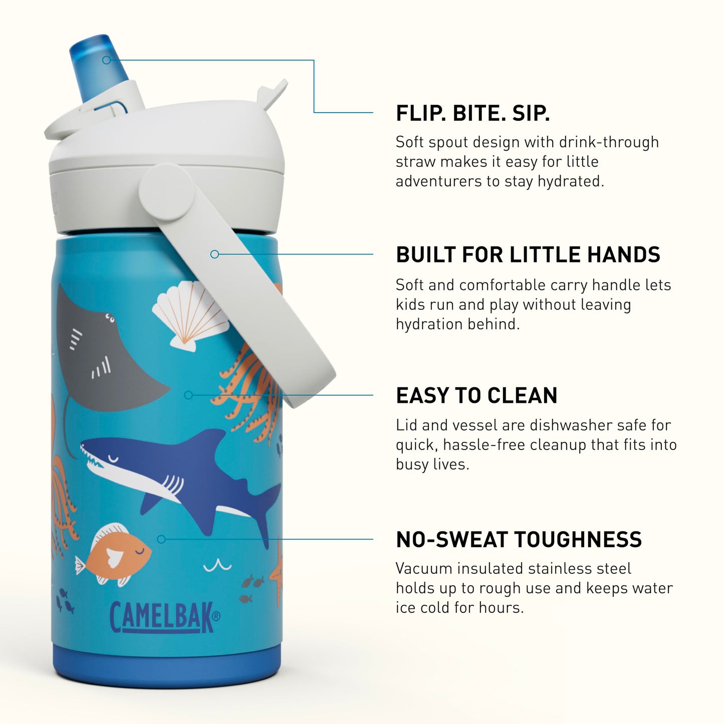 CamelBak Thrive Flip Straw Kids Bite Valve Stainless Steel Water Bottle, 12oz