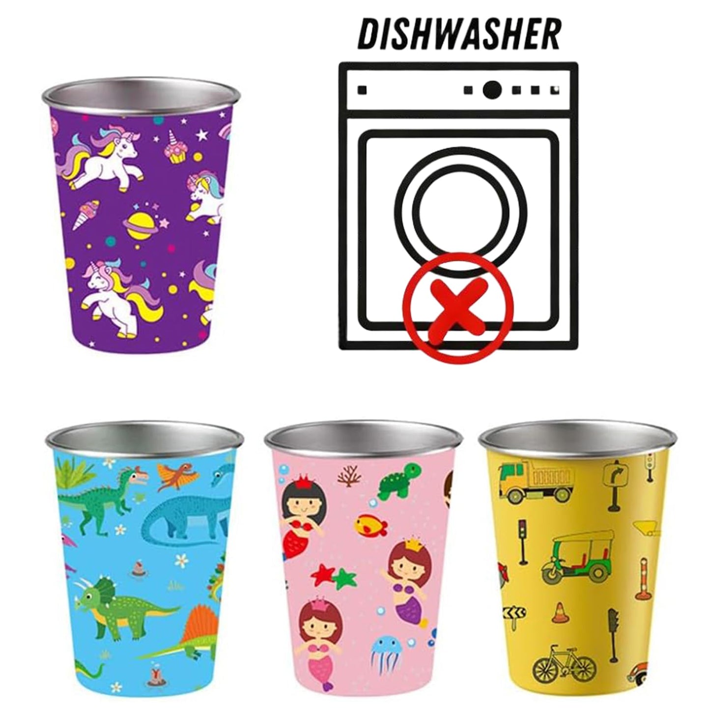 LOZACHE Stainless Steel Kids Cups, 4 Pack 12oz Metal Drinking Pint Cup with Fun Prints (Unicorn, Mermaid, Dinosaur, Vehicles), Stackable Drinking Glasses, BPA Free, Reusable for Home Party Camping