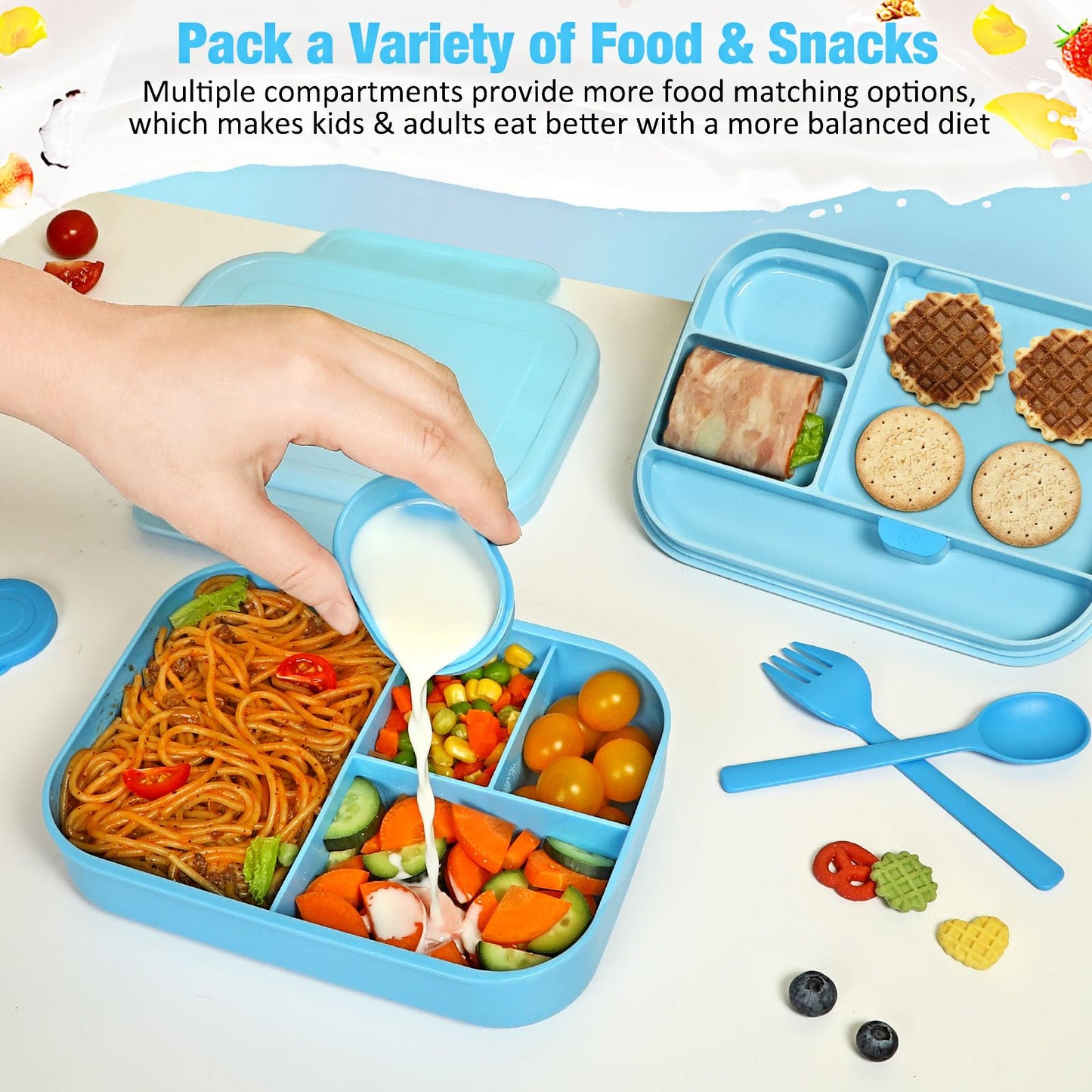 Caperci Bento Box for Kids - Stackable Leakproof Multiple Compartments 5.8 Cups Bento Lunch Box for Adults with Sauce Container - Idea for School, On-the-go, Built-in Utensil Set, BPA Free (Blue)