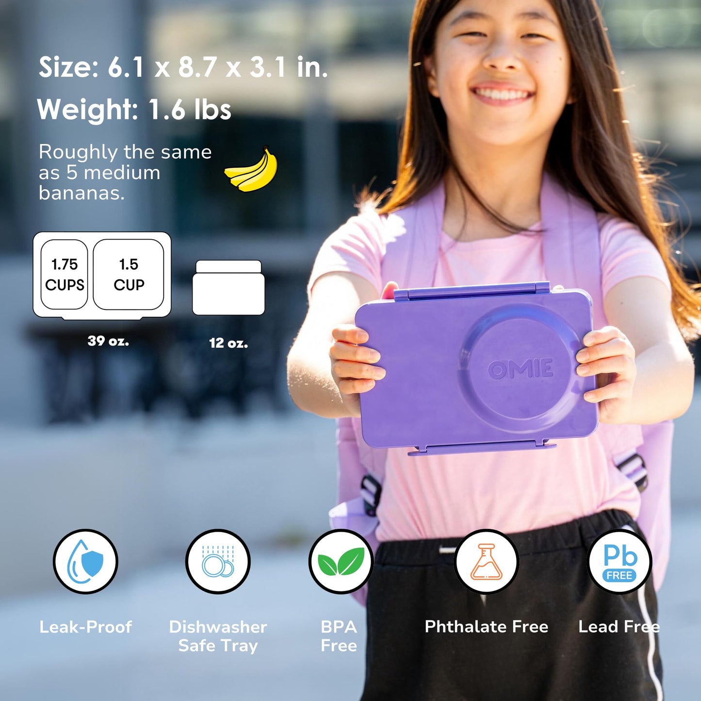 Omie OmieBox UP bento Box for Kids | Insulated Lunch Box | Leak Proof Vacuum Insulated Thermal Food jar | Cooler ice Pack | 2 Compartments (Galaxy Purple)