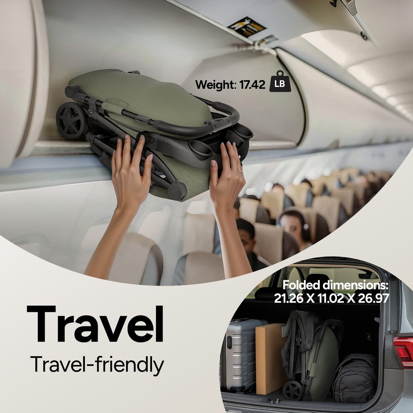 Mompush Lithe V2 Lightweight Travel Stroller, Compact Foldable Baby Stroller with Travel Bag, One-Hand Fold Stroller, Snack Tray, Mechanical Recline Seat, Airplane-Ready, UPF 50+ Canopy & Rain Cover