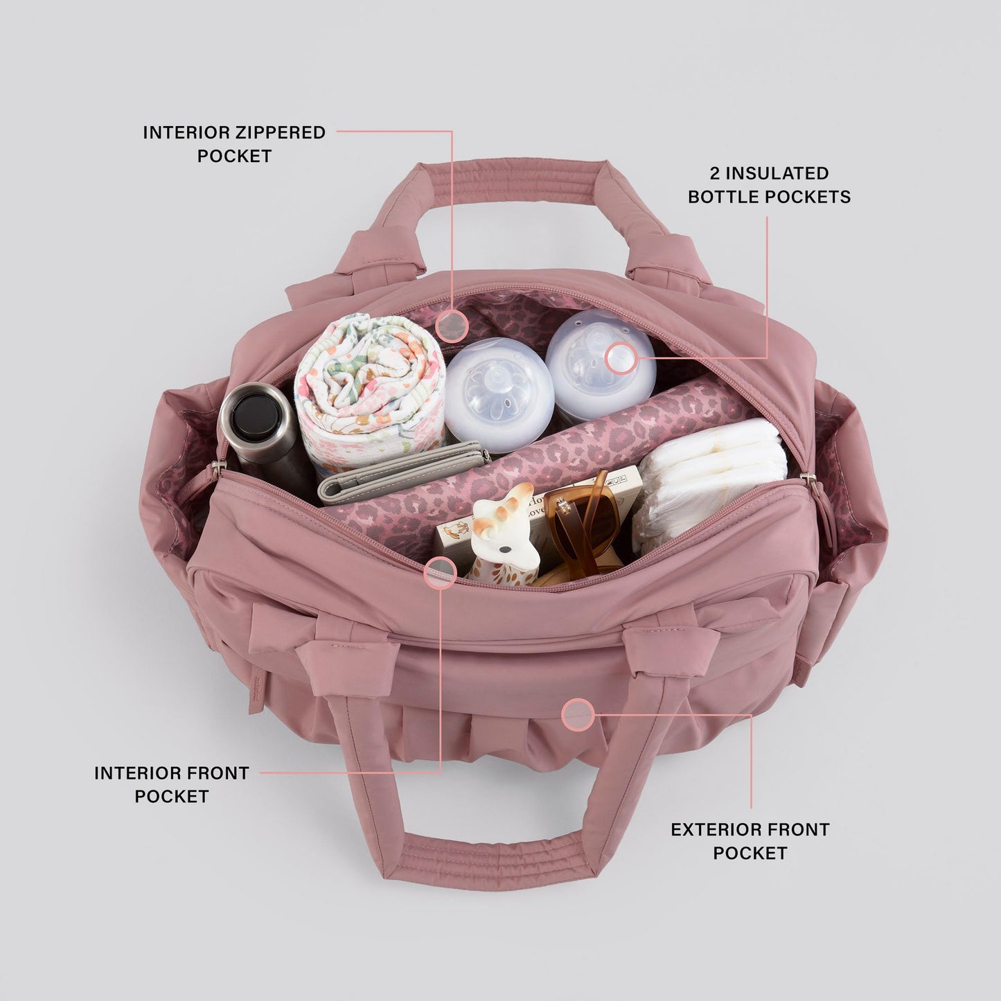 Motherhood Knotted Bows Duffle Diaper Bag Diaper Bag - Large Capacity Baby Bag for Travel, Waterproof with Insulated Pockets & Changing Pad, Dusty Rose