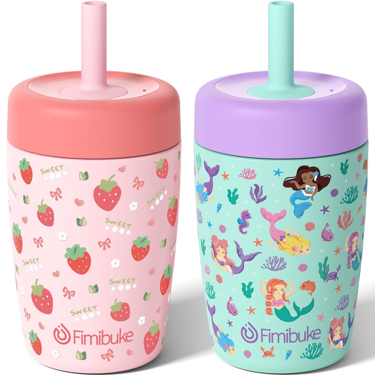 Fimibuke Kids & Toddler Cups Spill Proof, 12 OZ Insulated Sippy Cups for Toddlers Boys Girls, BPA-Free Toddler Straw Tumbler, Stainless Steel Kids Water Bottle with Twist Lids & Silicone Straw, 2 Pack