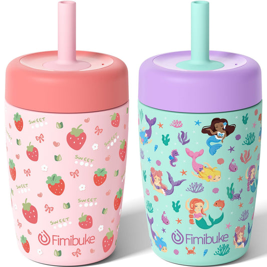 Fimibuke Kids & Toddler Cups Spill Proof, 12 OZ Insulated Sippy Cups for Toddlers Boys Girls, BPA-Free Toddler Straw Tumbler, Stainless Steel Kids Water Bottle with Twist Lids & Silicone Straw, 2 Pack