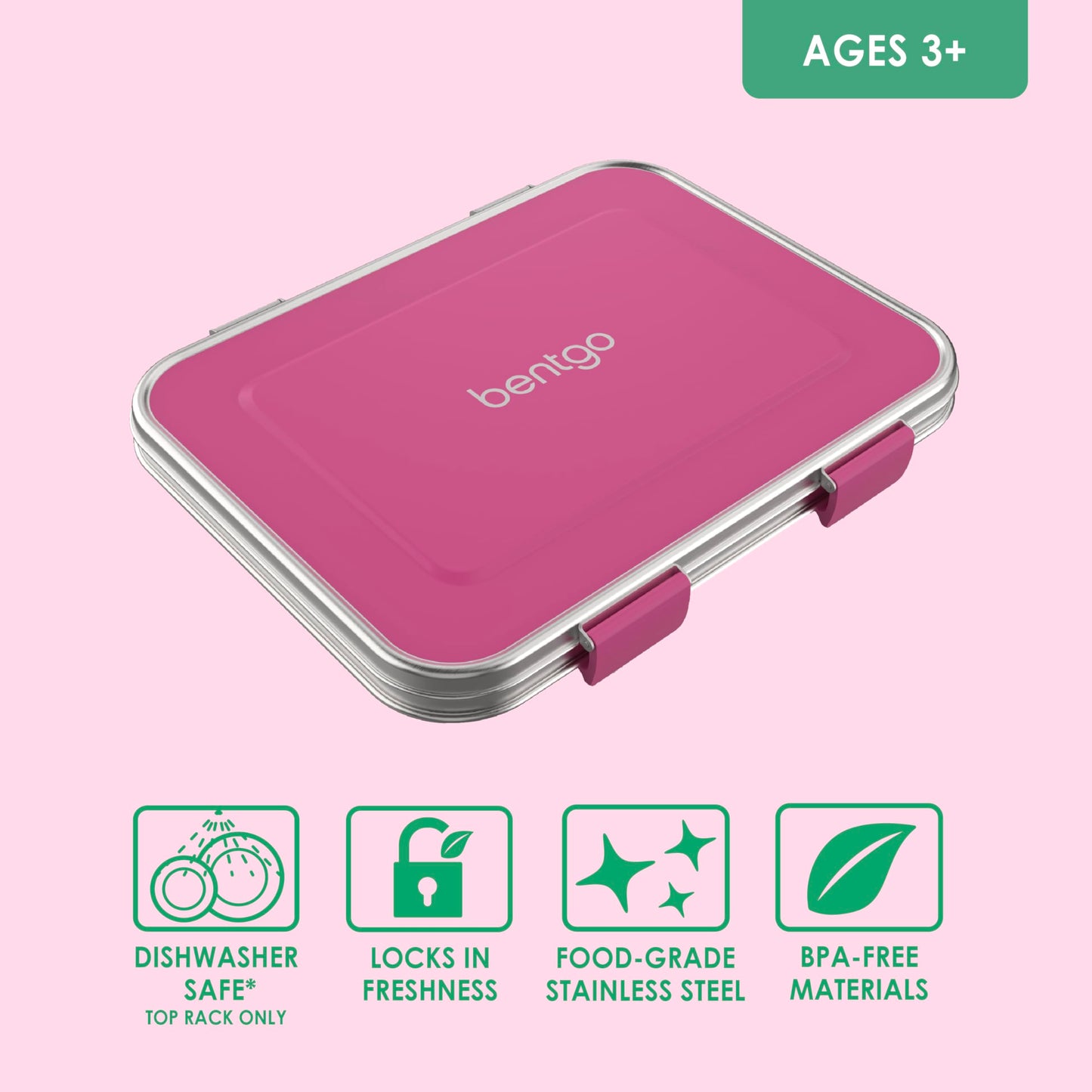 Bentgo Kids Stainless Steel Leak-Resistant Lunch Box - 3-Compartments with Bonus Silicone Container, Durable, Eco-Friendly, Dishwasher Safe, BPA-Free, Ideal for School, Ages 3+ (Fuchsia)