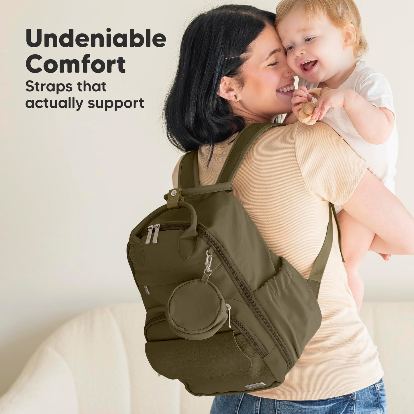 KeaBabies Diaper Bag Backpack - Small Multifunctional Travel Diaper Back Packs, Maternity Baby Changing Bags, 12L Capacity, PU Leather, Waterproof, Unisex, Nappy Changing Pad (Dark Olive, Small)