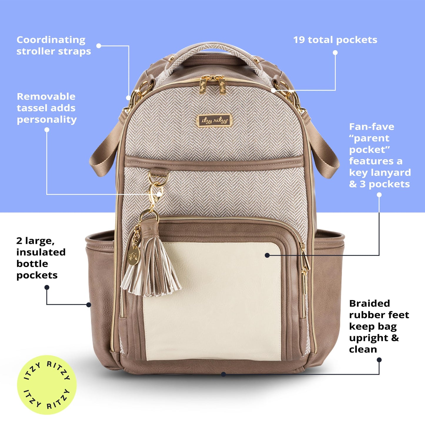 Itzy Ritzy Diaper Bag Backpack – Large Capacity Boss Plus Baby Backpack Diaper Bag Featuring 19 Pockets, Changing Pad, Stroller Clips, and Comfortable Straps (Vanilla Latte)