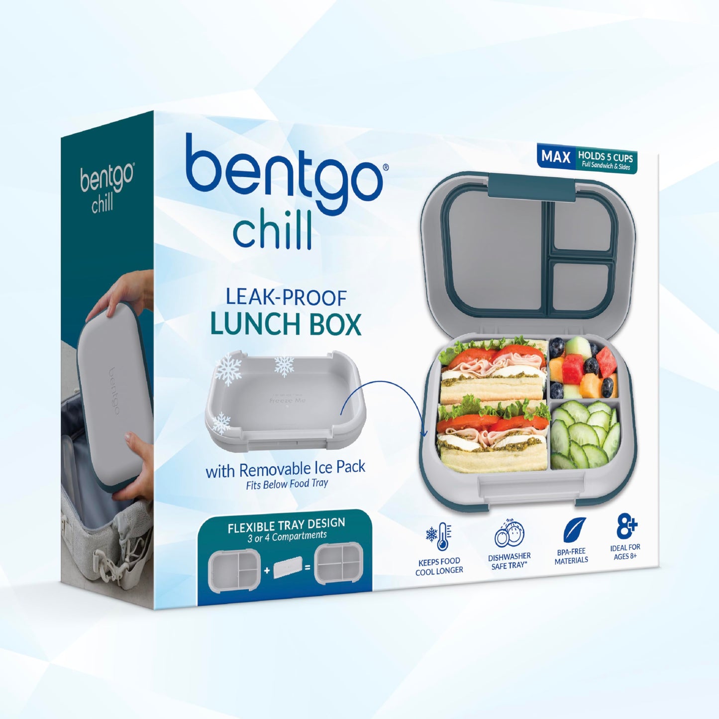 Bentgo Chill Max Leak-Proof XL Lunch Box - Included Ice Pack Keeps Food Cold; 5-Cup Capacity for Adults & Ages 8+, 3 or 4 Compartment Bento Box, BPA-Free, Dishwasher Safe (Fog & Deep Teal)
