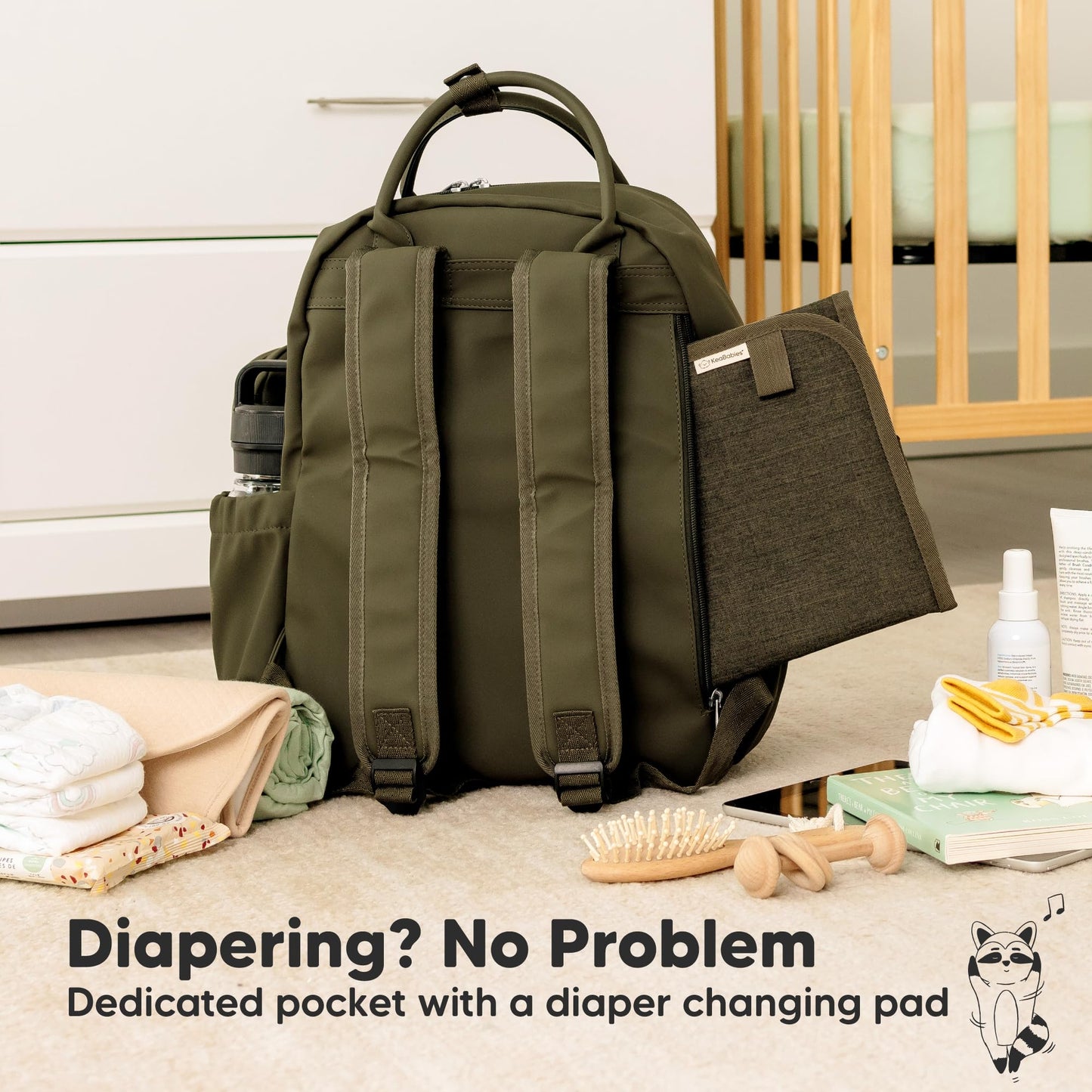 KeaBabies Diaper Bag Backpack - Multifunctional Travel Diaper Back Packs, Maternity Baby Changing Bags, Compact 18L Capacity, PU Leather, Waterproof, Unisex, Nappy Changing Pad (Dark Olive)