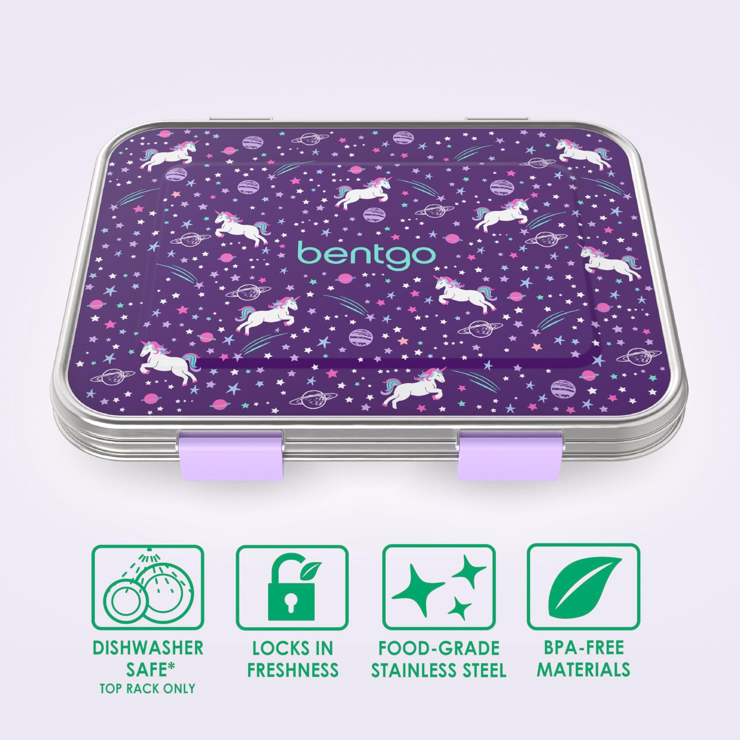 Bentgo Kids Stainless Steel Prints Leak-Resistant Lunch Box - 3-Compartments with Bonus Silicone Container, Durable, Eco-Friendly, Dishwasher Safe, BPA-Free, Ideal for School, Ages 3+ (Unicorn)