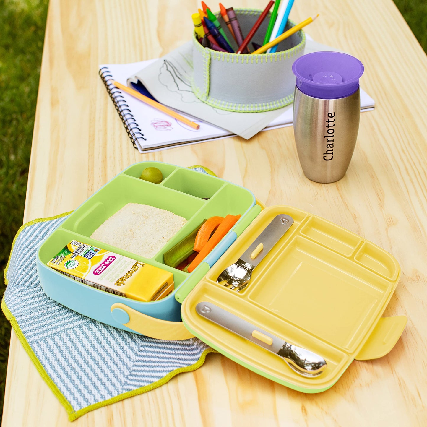 Munchkin Lunch Bento Box for Kids and Toddlers, Includes Stainless Steel Utensils, BPA-Free, 18 Months and Up, Blue/Green/Yellow