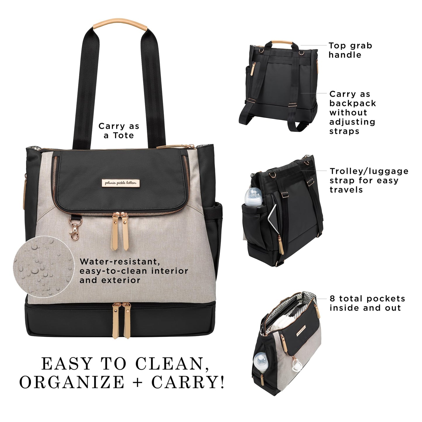Petunia Pickle Bottom Pivot Backpack, Multiple Carrying Options, Insulated Pockets, Modern Silhouette, Roomy Interior, Sand/Black