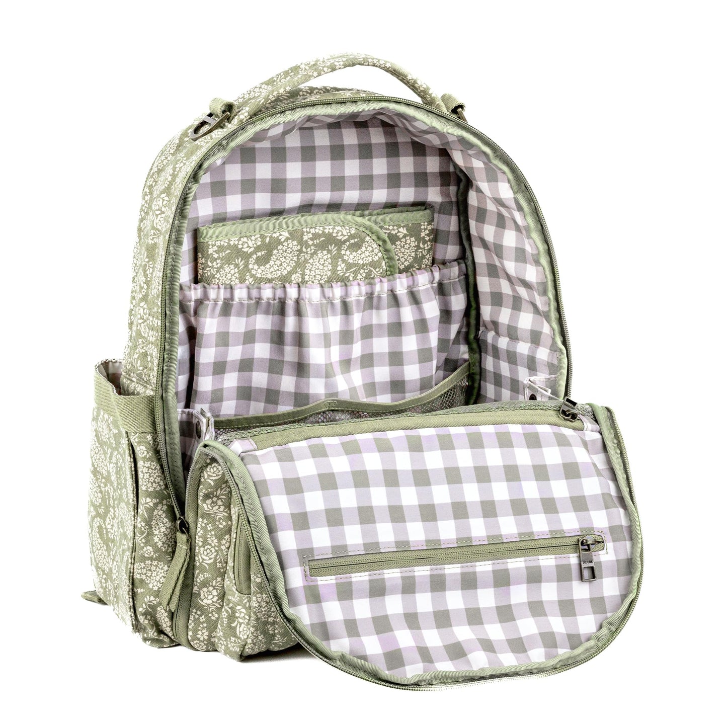 JuJuBe x Sazan Hendrix - New Classic Diaper Bag Backpack with Portable Changing Pad, Stroller Straps, Large Travel Backpack for carrying Baby Bottles, Wipes, Diapers, Pacifiers, Paisley Floral