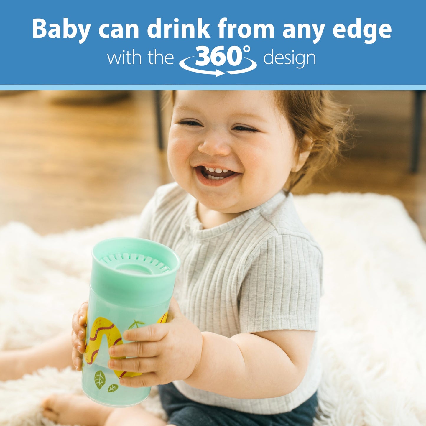 Dr. Brown's Milestones Cheers 360 Spoutless Transition Cup, Travel Friendly and Leak Free Sippy for Babies and Toddlers, Blue/Green Animals, BPA-Free, 10 oz/300 mL, 9m+, 2-Pack