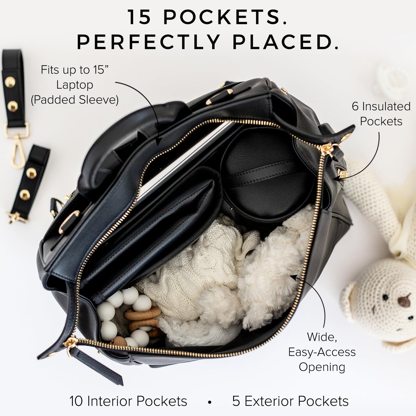 MIA + SOPHIA Leather Diaper Bag Backpack with USB Charging port, Changing Pad, Stroller Straps, and Bottle Holder (Black Sophia)