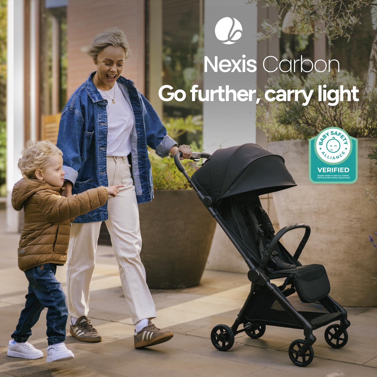 Mompush Nexis Carbon Travel Stroller, Ultra-Lightweight 11.5 lbs, Compact & Airplane Carry-On Approved, One-Second Auto-Fold, One-Hand Full Recline, from Birth to 50 lbs, JPMA Certified, Black