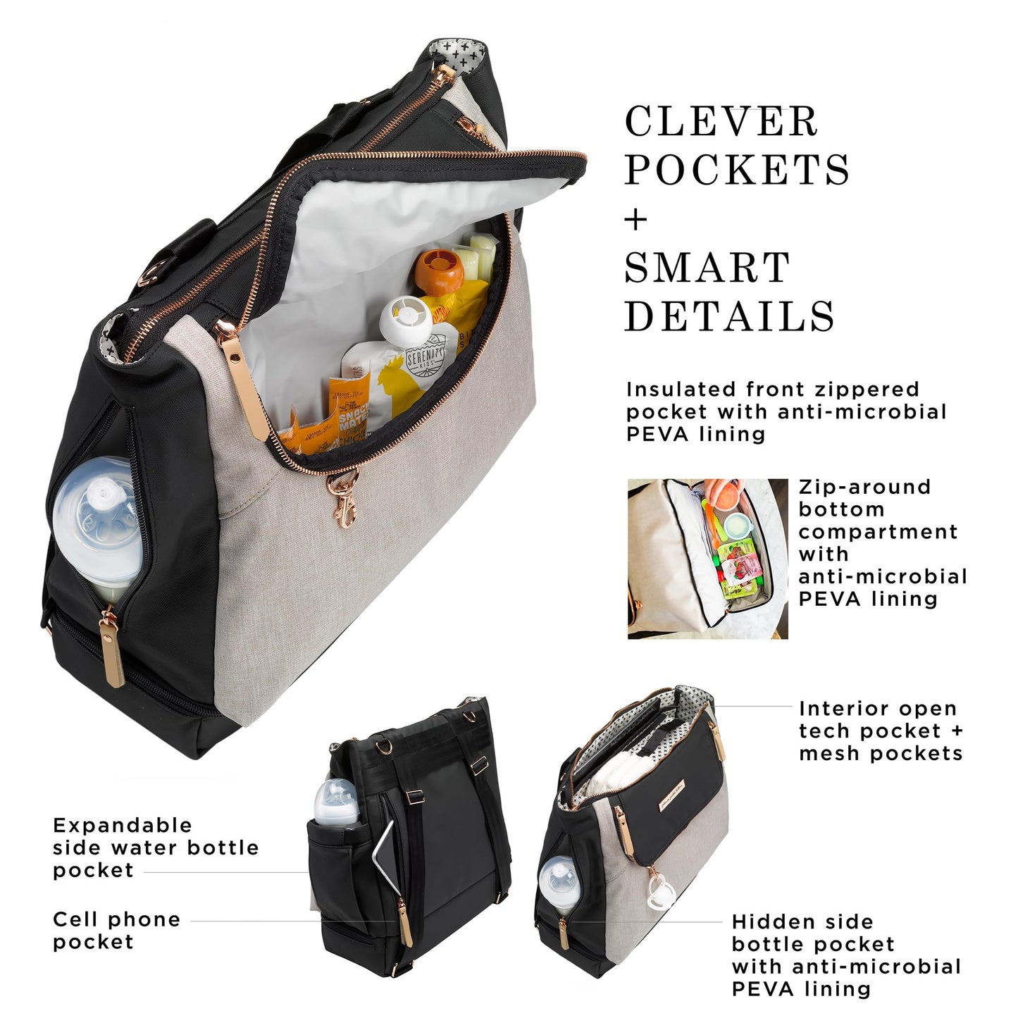 Petunia Pickle Bottom Pivot Backpack, Multiple Carrying Options, Insulated Pockets, Modern Silhouette, Roomy Interior, Sand/Black