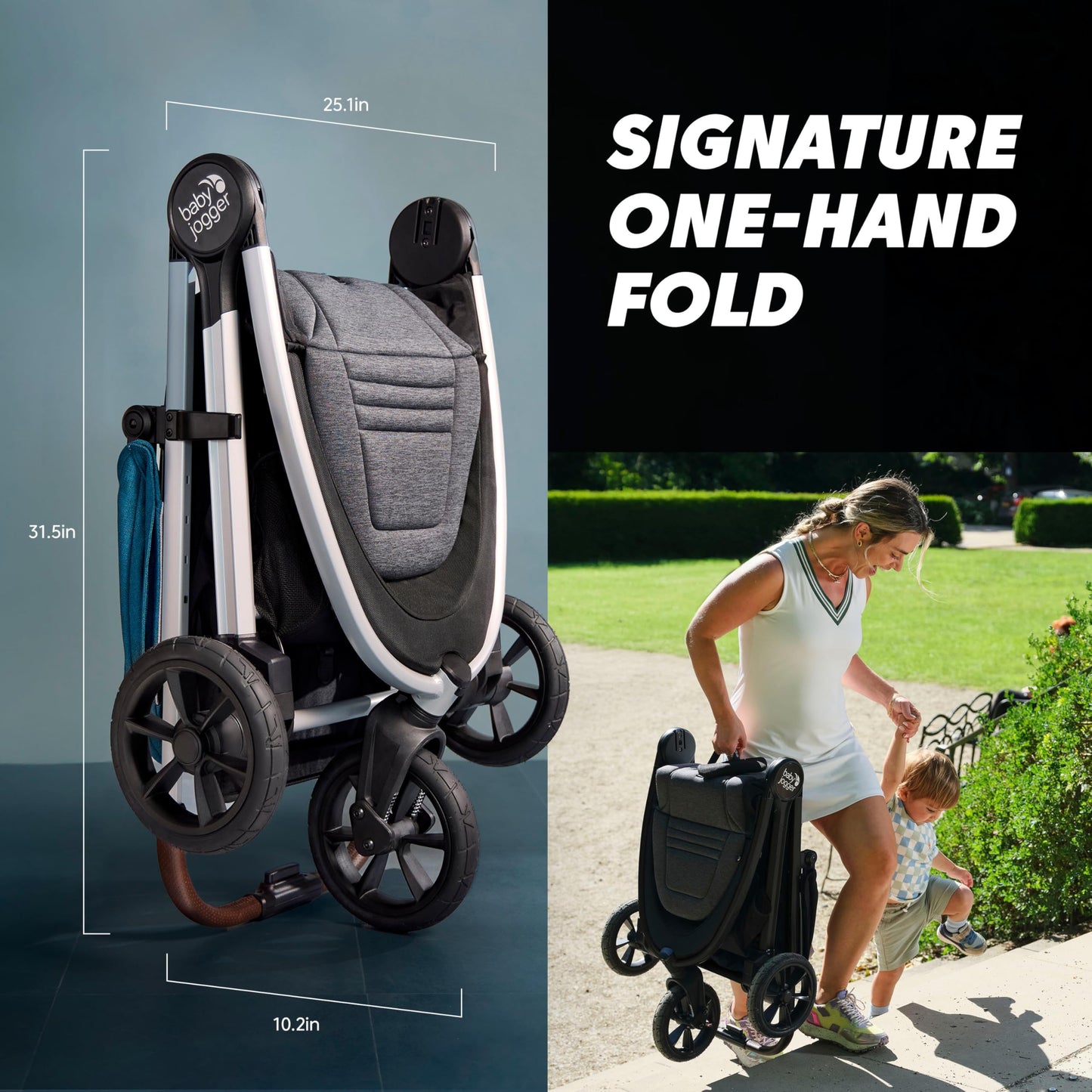 Baby Jogger City Mini GT3 All Terrain Stroller with Forever Air Rubber Tires and All Wheel Suspension with Magnetic Buckle and No-Rethread Harness, Height-Adjustable Handlebar, and Foot Brake
