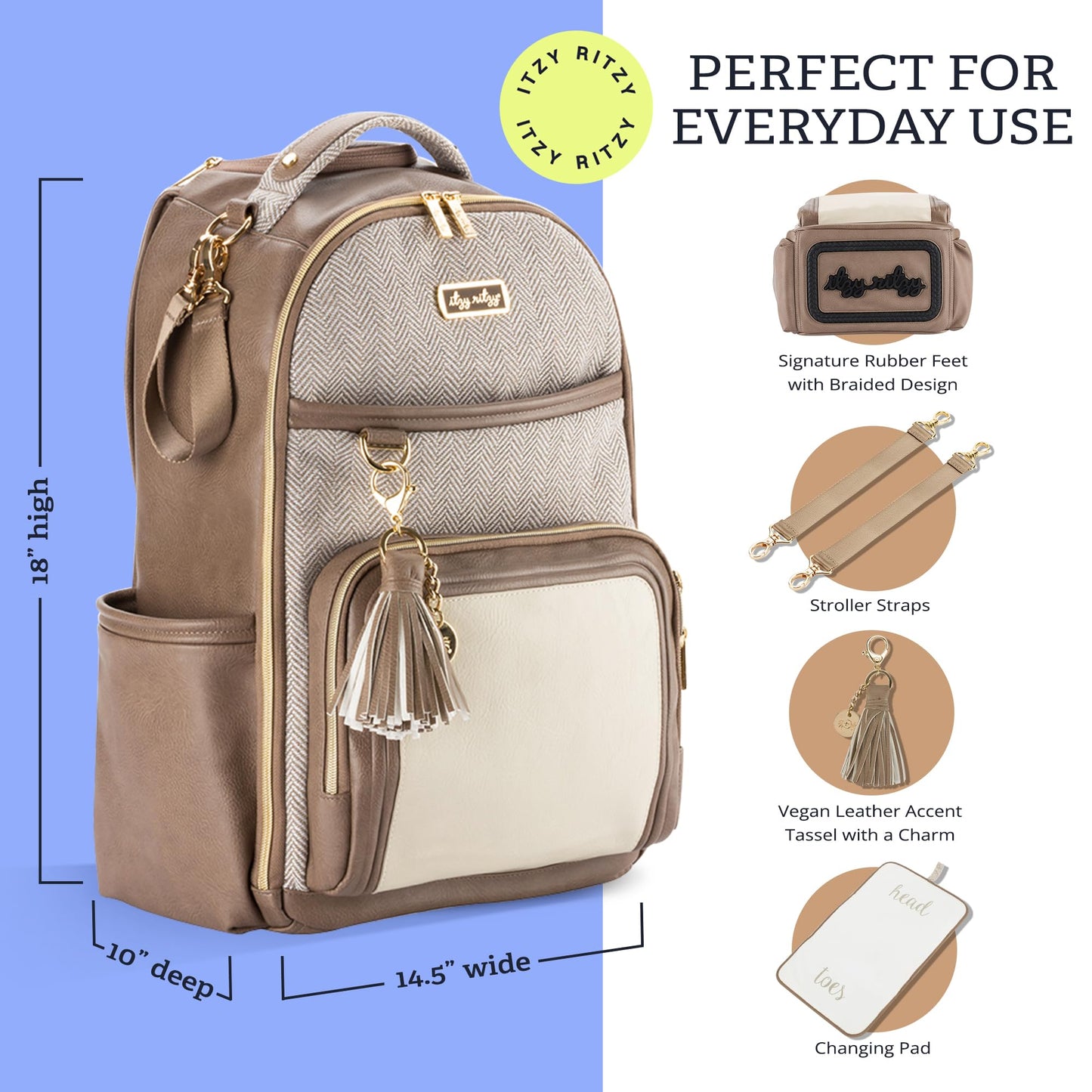 Itzy Ritzy Diaper Bag Backpack – Large Capacity Boss Plus Baby Backpack Diaper Bag Featuring 19 Pockets, Changing Pad, Stroller Clips, and Comfortable Straps (Vanilla Latte)