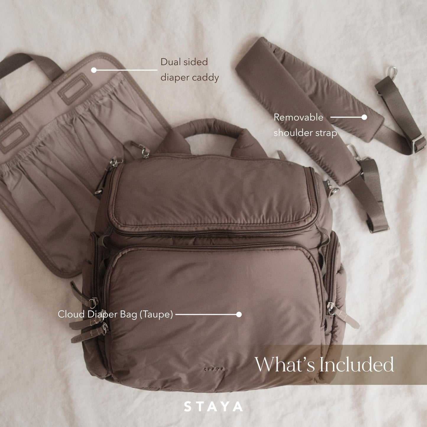 Staya Cloud Diaper Bag Backpack — Spacious Baby Bag with Removable Diaper Caddy, Insulated Bottle Pockets, Stroller Strap & Crossbody Convertible, Aesthetic Minimalist Mom Backpack (Taupe)