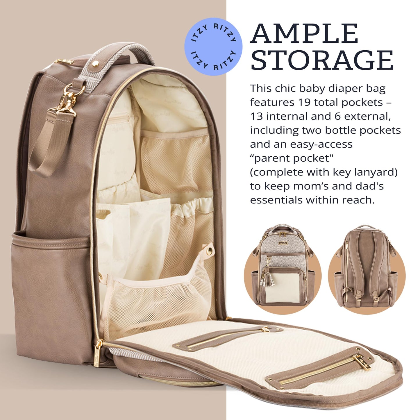 Itzy Ritzy Diaper Bag Backpack – Large Capacity Boss Plus Baby Backpack Diaper Bag Featuring 19 Pockets, Changing Pad, Stroller Clips, and Comfortable Straps (Vanilla Latte)