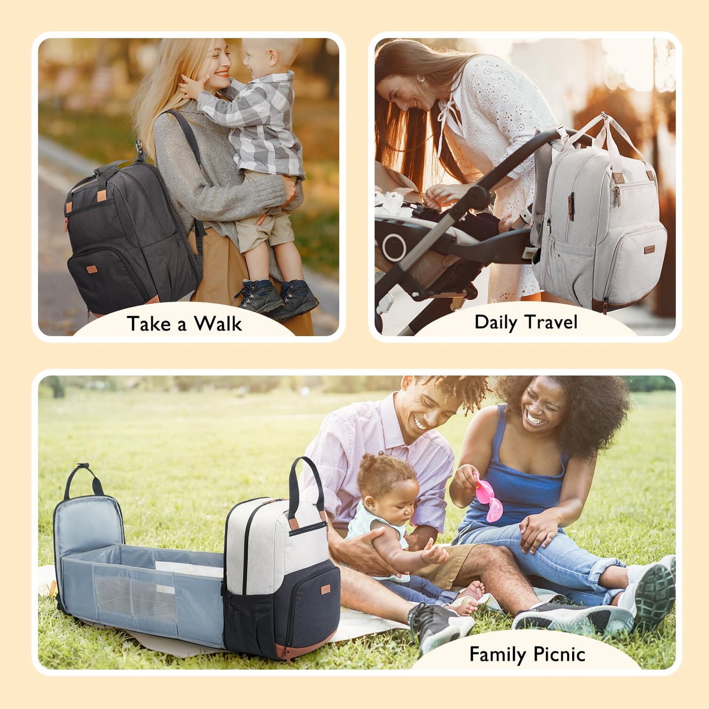 mommore Diaper Bag Backpack Large Travel Diaper Bags Unisex Baby Bag with Changing Pad, Stroller Straps