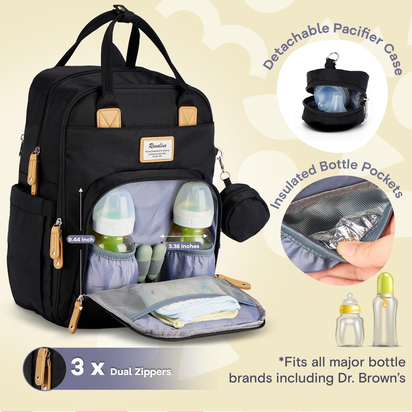 RUVALINO Diaper Bag Backpack-Expandable Baby Bag with up to 50% Capacity -Baby Essentials Bag with Changing Pad Insulated Bottle Holders & Pacifier Case, Waterproof, Black XL
