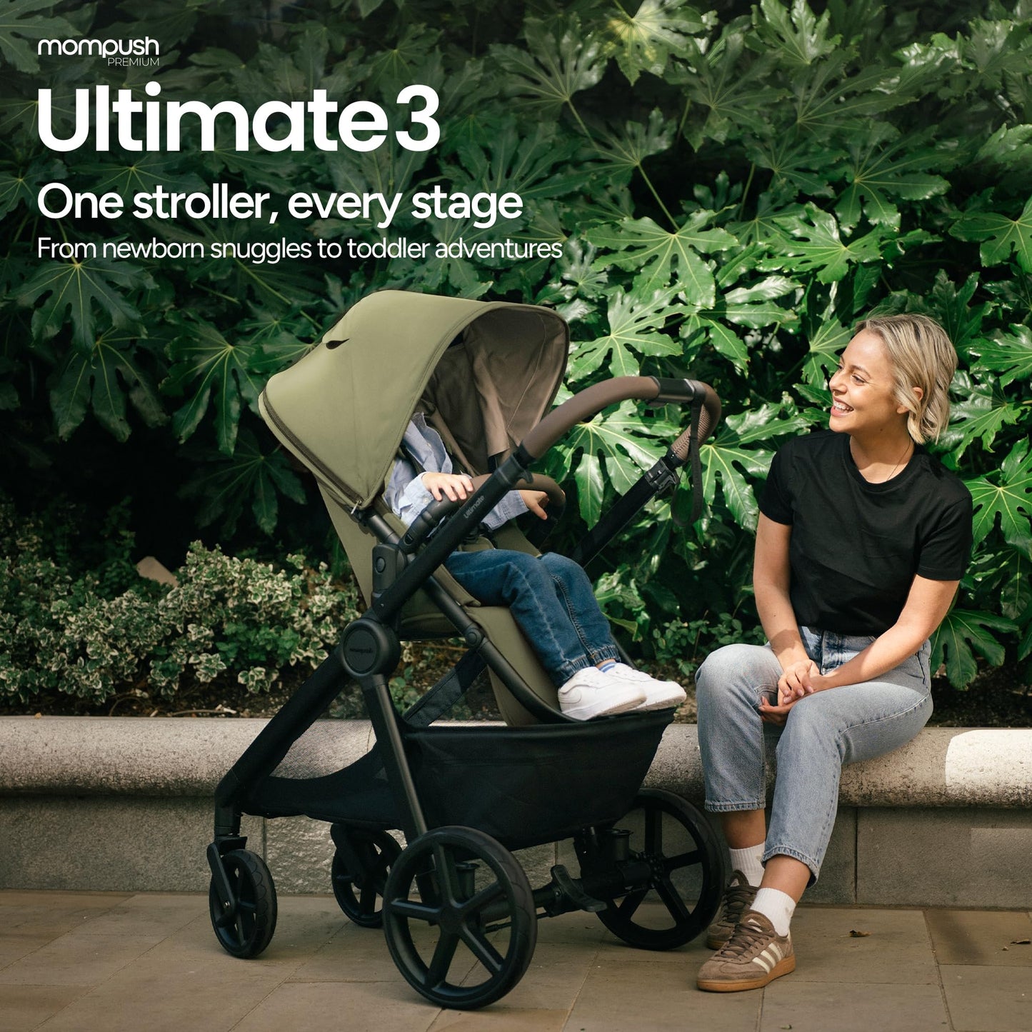 Mompush Ultimate 3 Full Size Stroller for Infant to Toddler - All-Terrain PU Tires with Full Suspension, Reversible Extendable Seat, Adjustable Handle, One-Second Fold, Car Seat Compatible