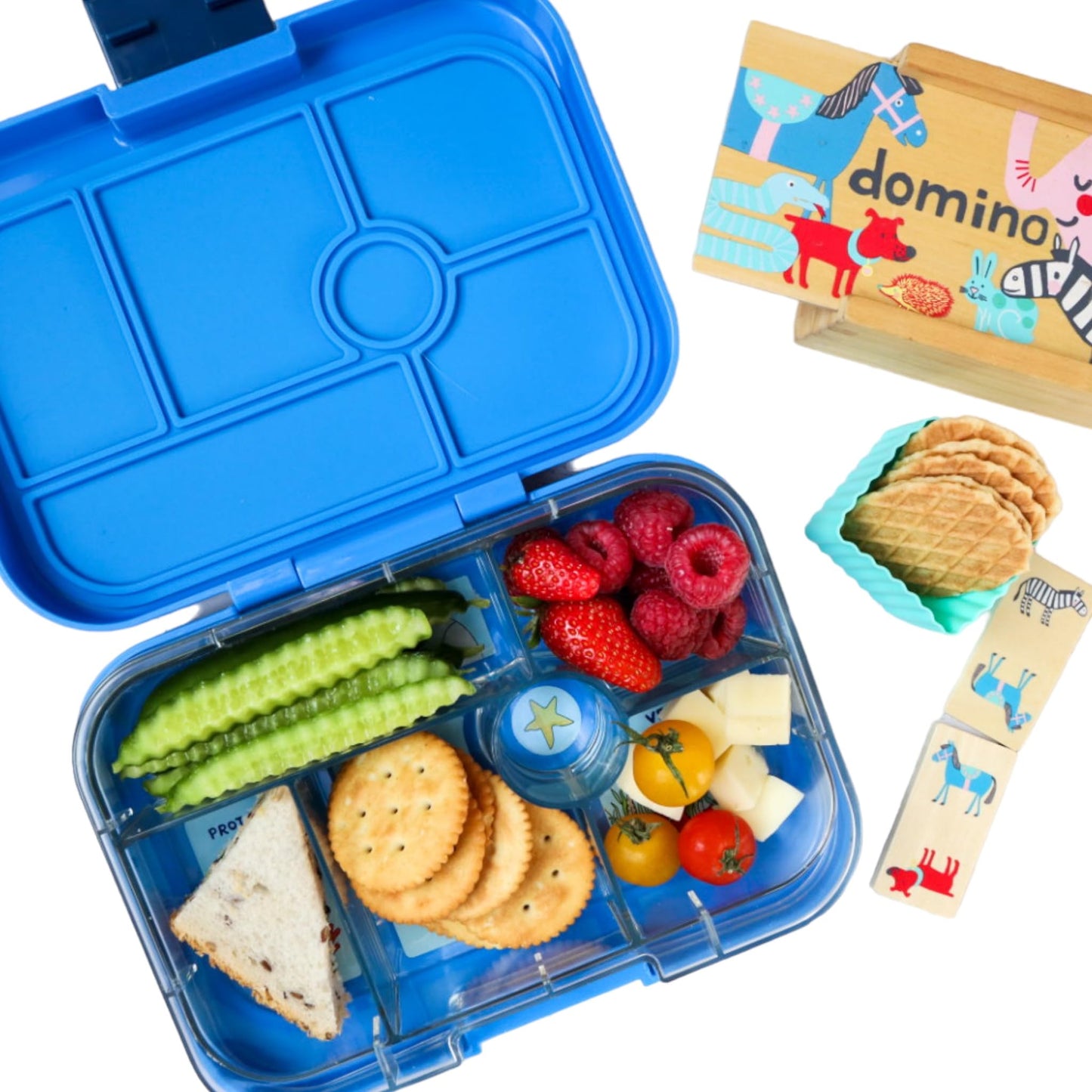 Yumbox Original Leakproof Bento Lunch box for Kids, 5 Compartments + Dip Well, Easy-Open Latch, Just Right Portions, Removable Illustrated Tray (Surf Blue Funny Monsters), Ages 3-7