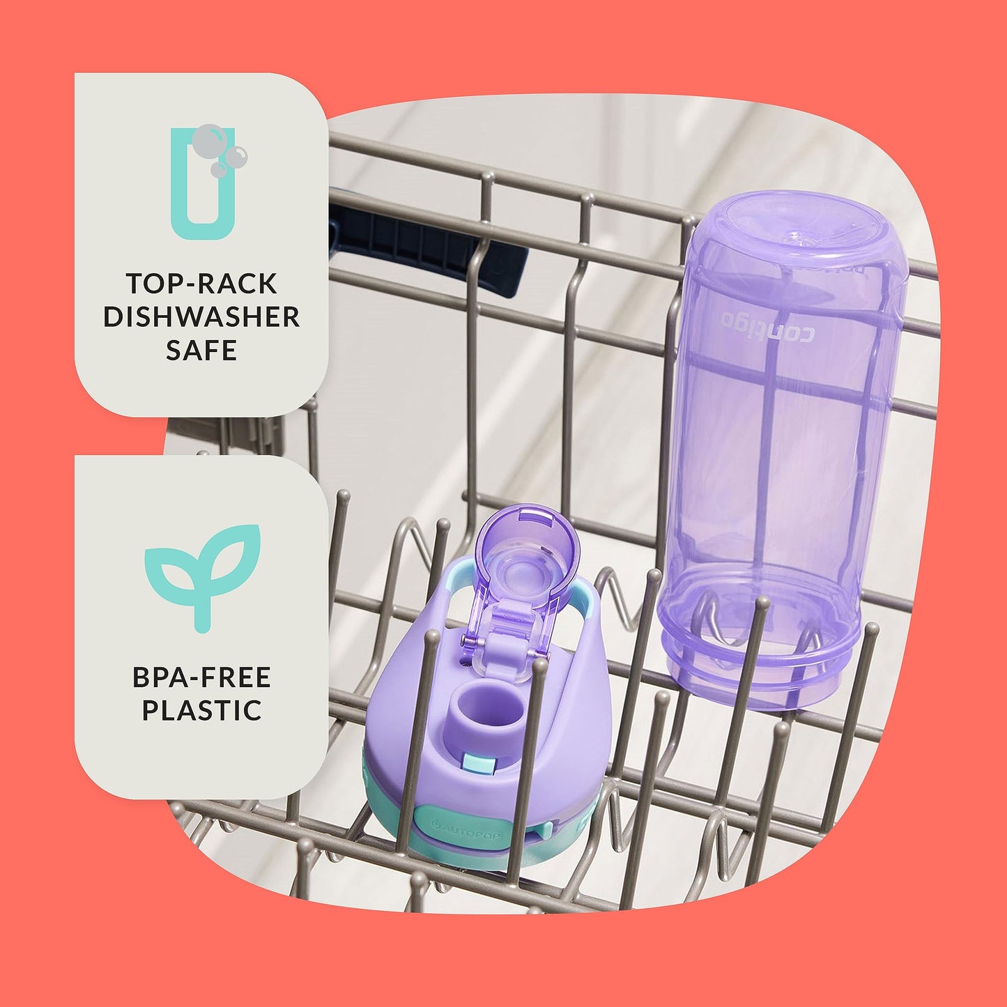Contigo Jessie Kids Water Bottle Leak-Proof Lid 14oz Dishwasher-Safe Fits Most Cup Holders 2-Pack Blue Poppy/Coral & Amethyst/Jade