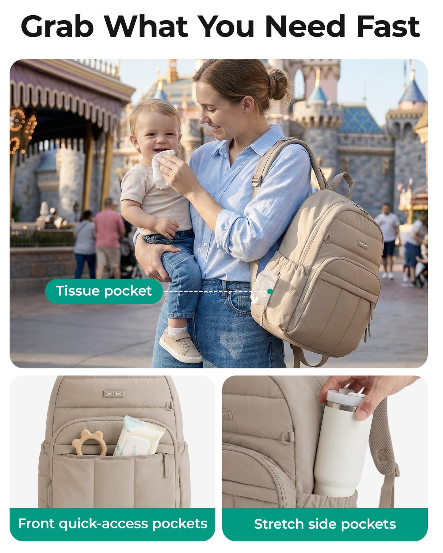 BAGSMART Diaper Bag Backpack, Multi-Pocket Puffy Diaper Bag with Waterproof Changing Pad, Lightweight Stroller-Friendly Diaper Bag with Insulated Pockets, Easy-Access Baby Essential, Camel