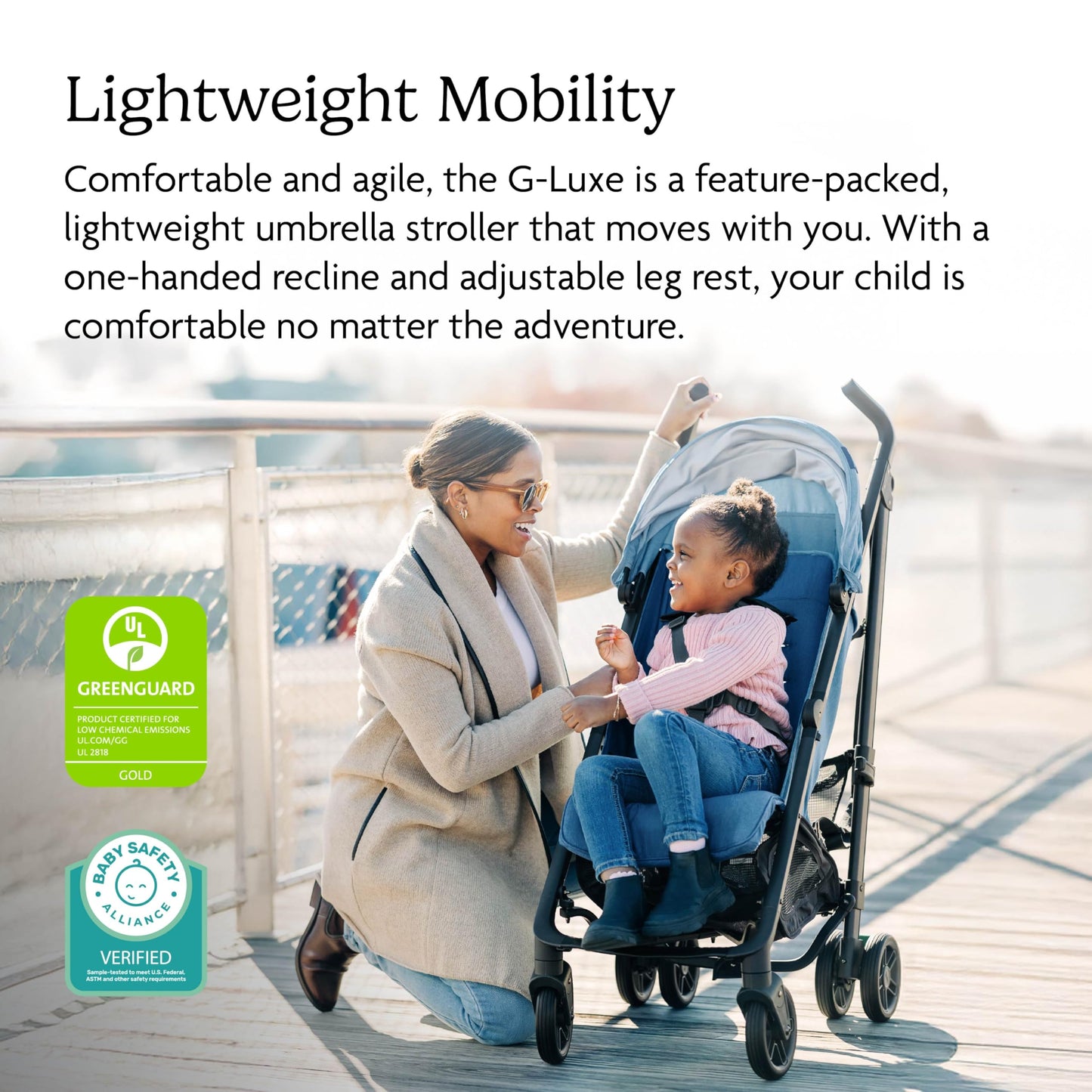 UPPAbaby G-Luxe Umbrella Stroller/Lightweight Design for Easy Travel/One-Step Fold + Recline/XL Basket + Canopy/Cup Holder Included/Charlotte (Coast Blue Mélange/Carbon Frame)