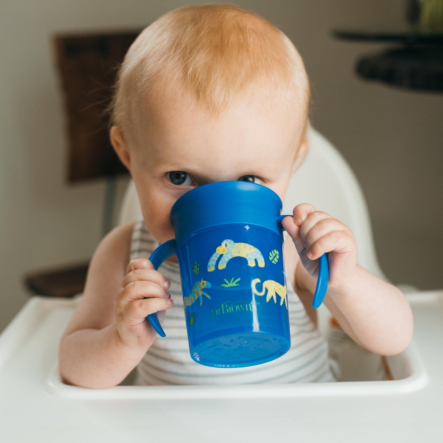 Dr. Brown's Milestones Cheers 360 Spoutless Transition Cup with Handles, Travel Friendly and Leak Free Sippy for Babies and Toddlers, Blue Animals, BPA-Free, 7 oz/200 mL, 6m+, 1-Pack