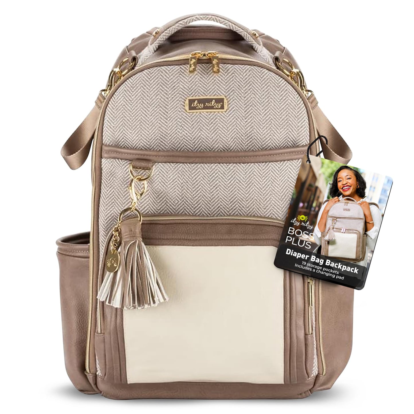 Itzy Ritzy Diaper Bag Backpack – Large Capacity Boss Plus Baby Backpack Diaper Bag Featuring 19 Pockets, Changing Pad, Stroller Clips, and Comfortable Straps (Vanilla Latte)