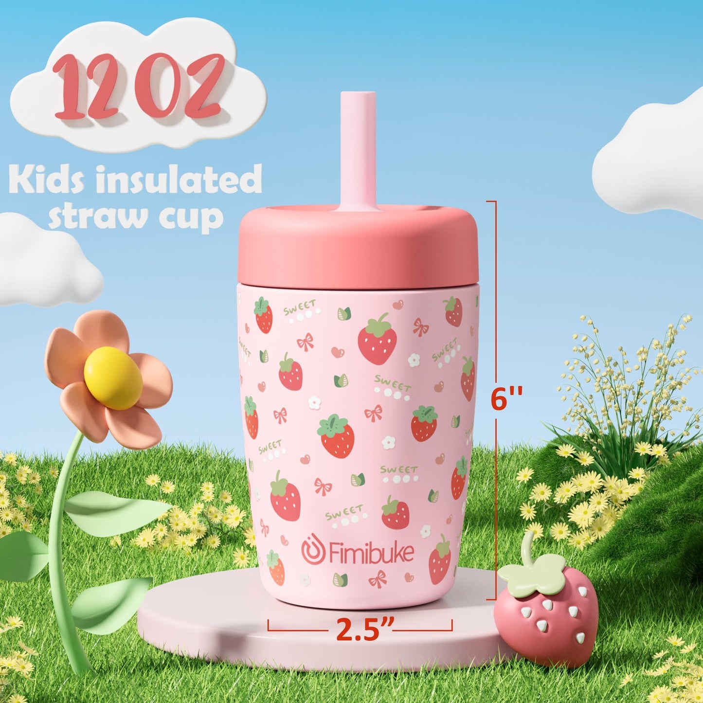 Fimibuke Kids & Toddler Cups Spill Proof, 12 OZ Insulated Sippy Cups for Toddlers Boys Girls, BPA-Free Toddler Straw Tumbler, Stainless Steel Kids Water Bottle with Twist Lids & Silicone Straw, 2 Pack