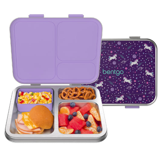 Bentgo Kids Stainless Steel Prints Leak-Resistant Lunch Box - 3-Compartments with Bonus Silicone Container, Durable, Eco-Friendly, Dishwasher Safe, BPA-Free, Ideal for School, Ages 3+ (Unicorn)