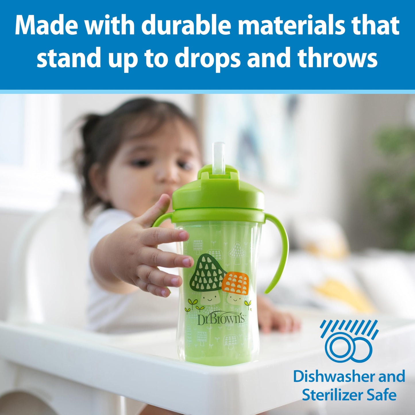 Dr. Brown's Milestones Insulated Sippy Cup with Straw and Handles, Spill-Proof Tumbler with Lid, 2-Pack, Blue & Green, 10 oz/300 mL, BPA Free, 12m+