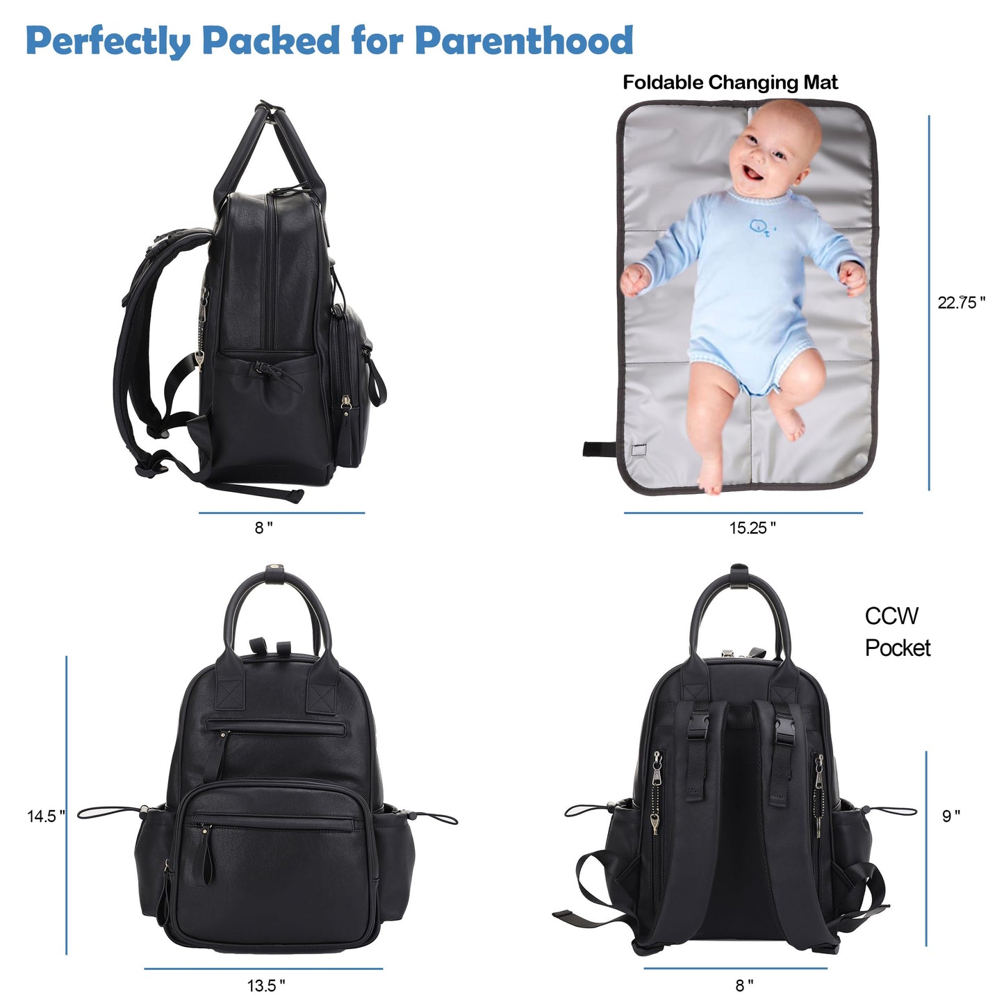 JESSIE & JAMES Saturday EDC Diaper Bag Backpack Multi Function Diaper Bag with Changing Pad & Stroller Straps_Black