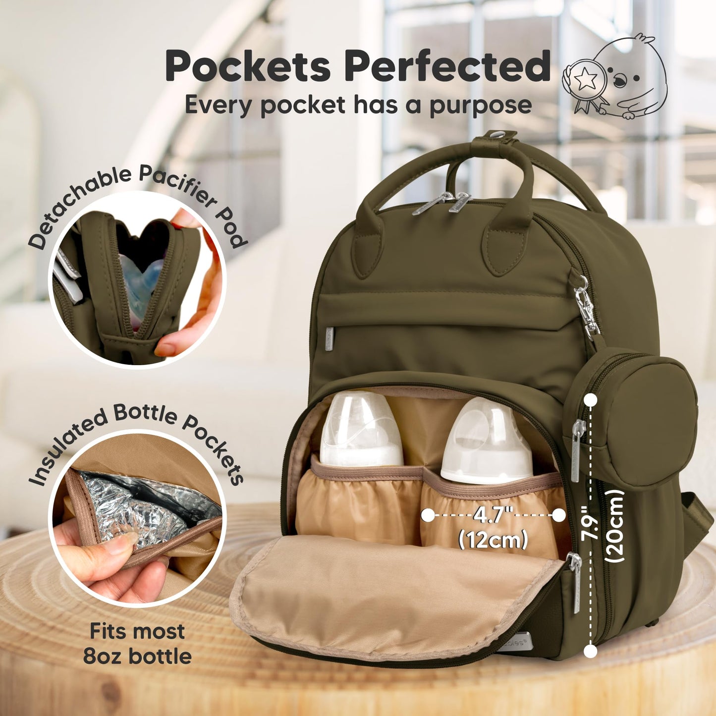 KeaBabies Diaper Bag Backpack - Small Multifunctional Travel Diaper Back Packs, Maternity Baby Changing Bags, 12L Capacity, PU Leather, Waterproof, Unisex, Nappy Changing Pad (Dark Olive, Small)