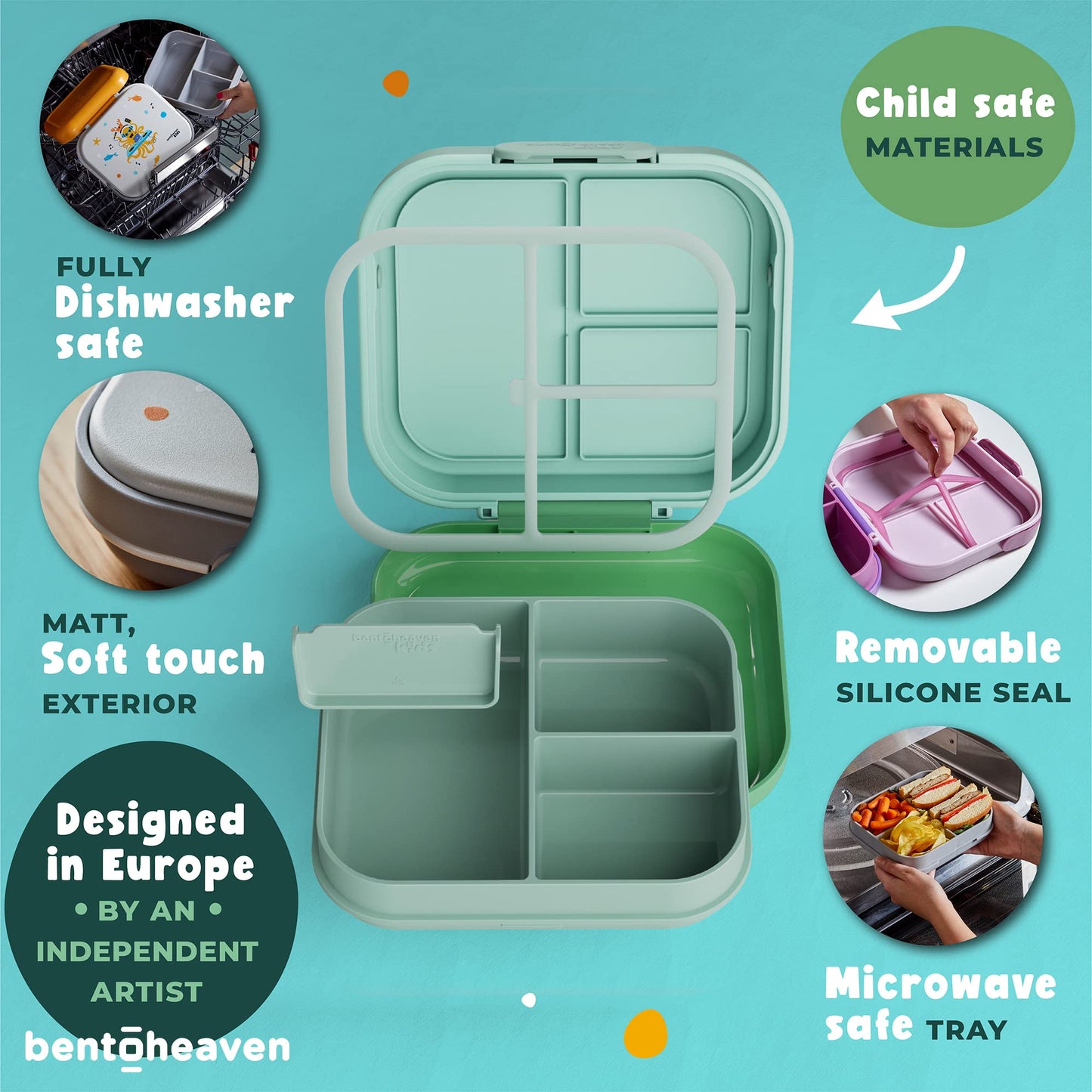 Bentoheaven Premium Bento Lunch Box for Kids, 9 Designs, Leak-proof 3-4 Compartments, Divider, Ideal size 30oz, Microwave/Dishwasher Safe Kids Bento Box (Loncheras Para Niños/Niñas)[Green]