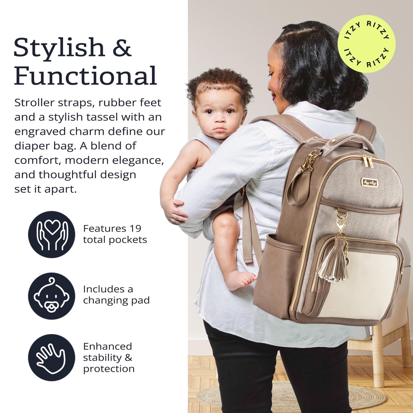 Itzy Ritzy Diaper Bag Backpack – Large Capacity Boss Plus Baby Backpack Diaper Bag Featuring 19 Pockets, Changing Pad, Stroller Clips, and Comfortable Straps (Vanilla Latte)
