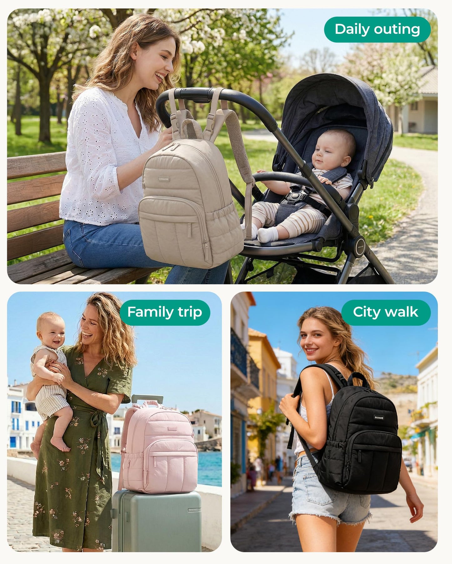 BAGSMART Diaper Bag Backpack, Multi-Pocket Puffy Diaper Bag with Waterproof Changing Pad, Lightweight Stroller-Friendly Diaper Bag with Insulated Pockets, Easy-Access Baby Essential, Camel