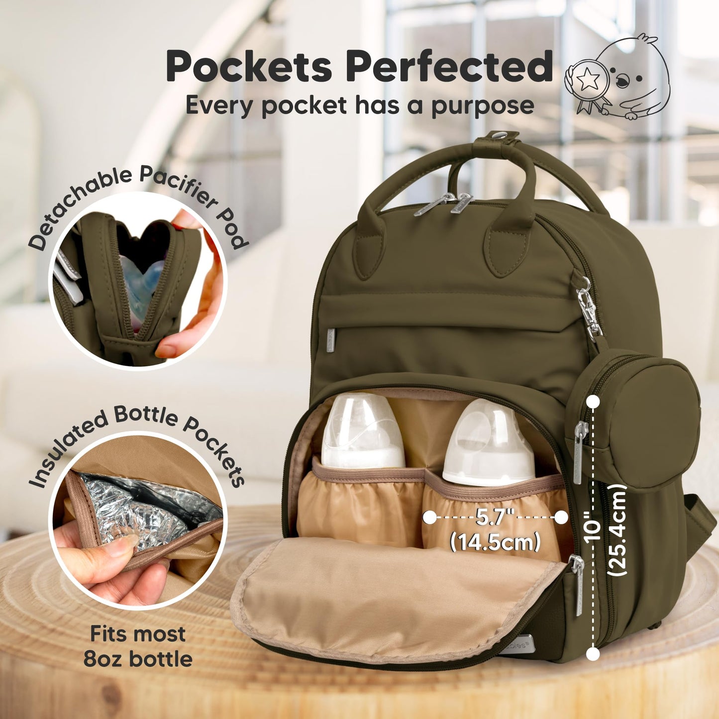 KeaBabies Diaper Bag Backpack - Multifunctional Travel Diaper Back Packs, Maternity Baby Changing Bags, Compact 18L Capacity, PU Leather, Waterproof, Unisex, Nappy Changing Pad (Dark Olive)