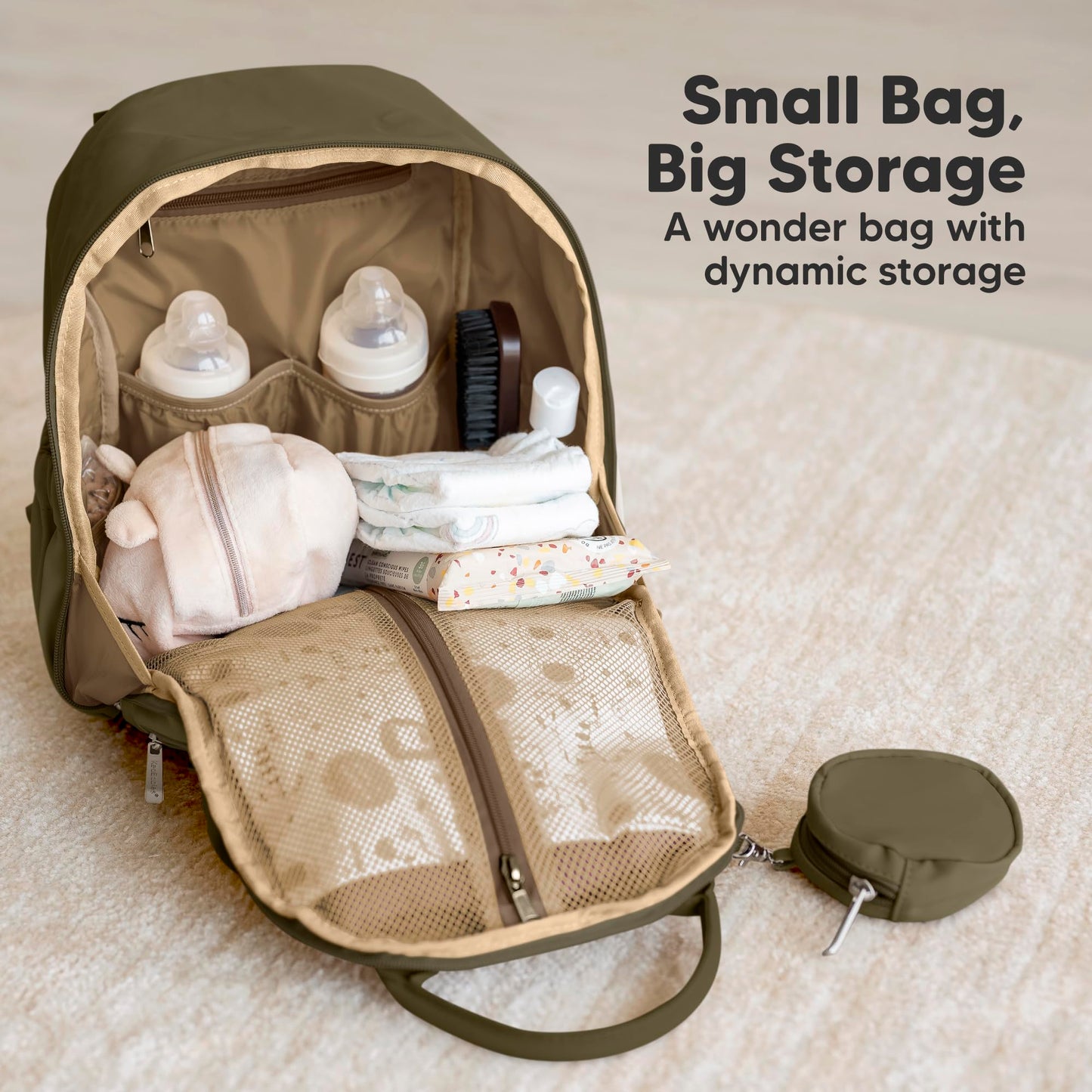 KeaBabies Diaper Bag Backpack - Small Multifunctional Travel Diaper Back Packs, Maternity Baby Changing Bags, 12L Capacity, PU Leather, Waterproof, Unisex, Nappy Changing Pad (Dark Olive, Small)